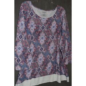 Talbots 3X Paisley Top Stretch Blouse White Chiffon trim 3/4 Sleeve Pullover